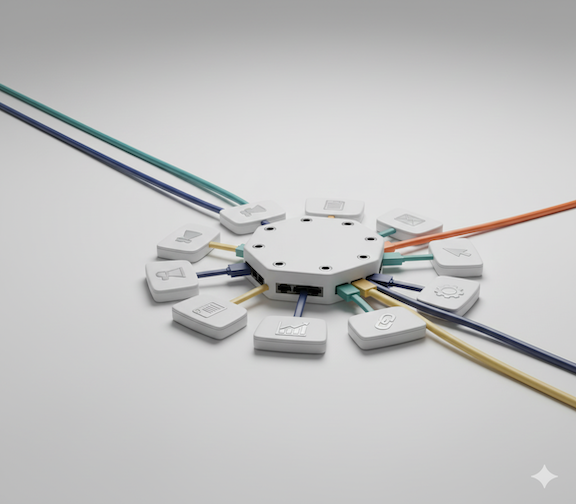 Graphic illustrating the cost of random marketing acts, such as wasted budget and misaligned channels, with icons representing analytics, ads, content, and reporting.