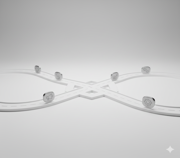 Illustration representing weekly sprint planning and collaboration across marketing teams, with arrows and checklist icons showing shared execution.